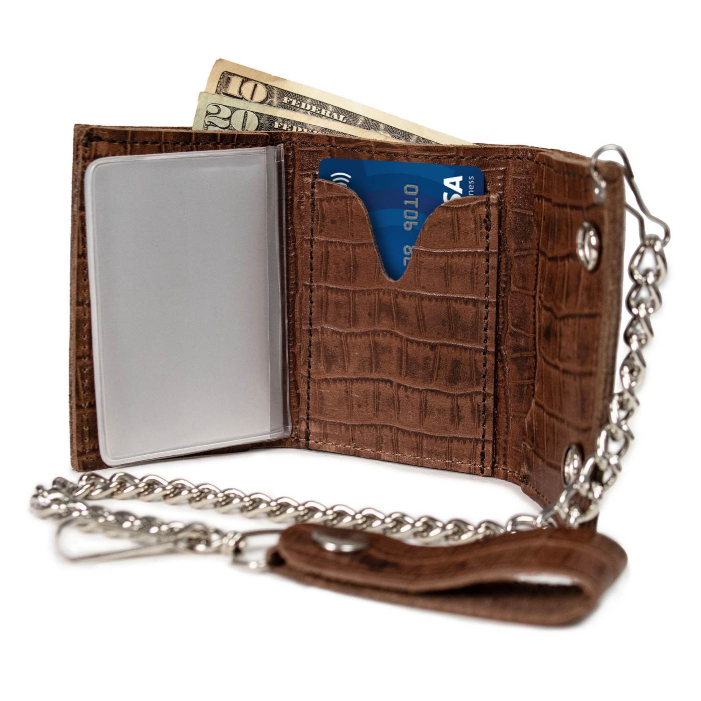 Milwaukee Leather Brown Full-Grain Crocodile-Stamped Tri-Fold Chain Wallet - MLW7849