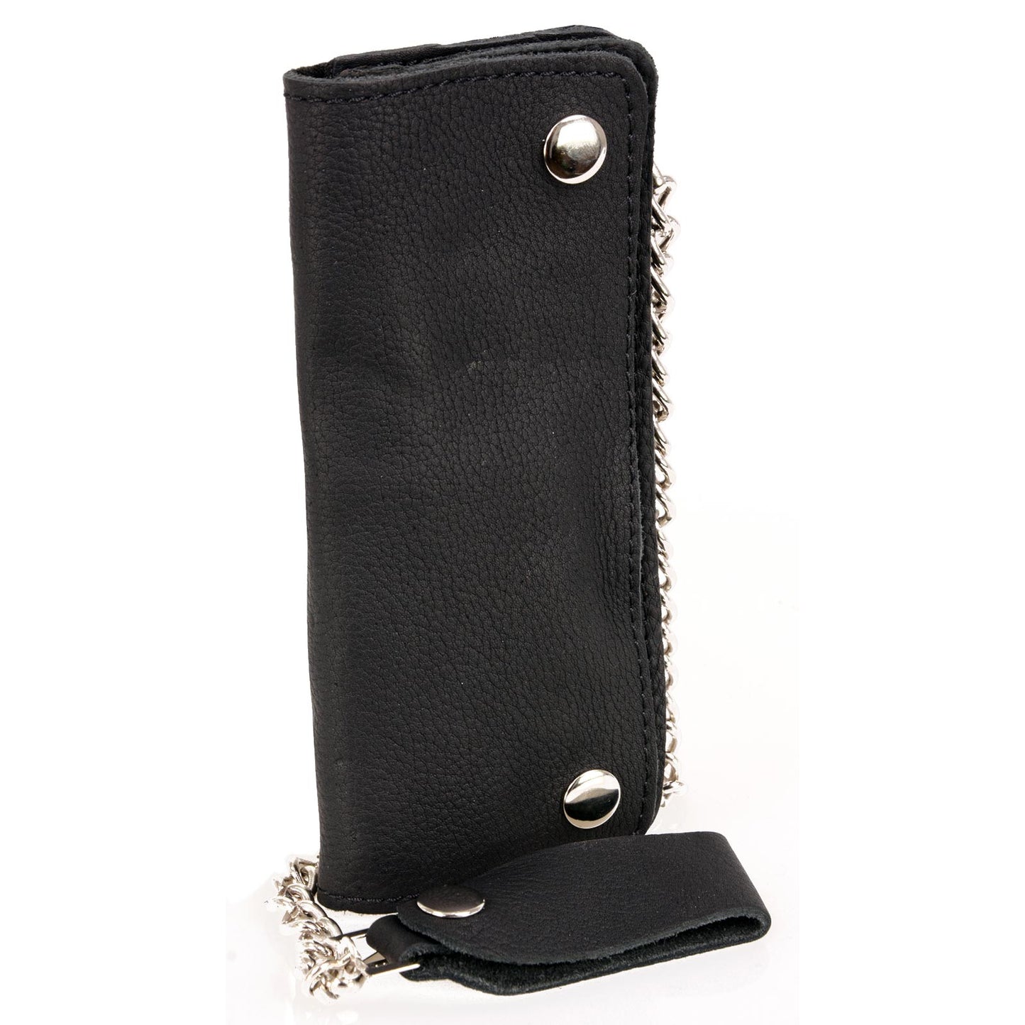 Milwaukee Leather MLW7889 Men's 7.5” Black Naked Leather Soft Biker Wallet - Bi-Fold Anti-Theft Stainless Steel Chain