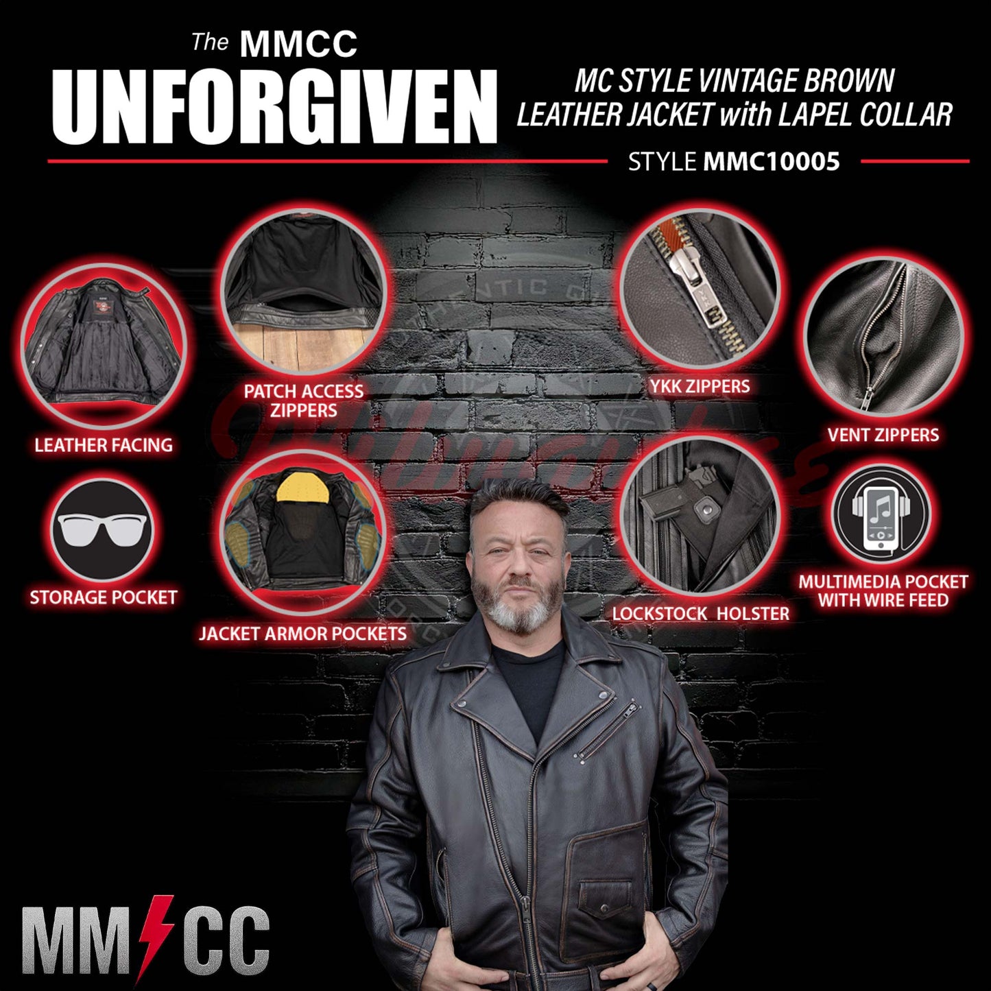 Milwaukee Motorcycle Clothing Co. Men's Unforgiven MC Style Vintage Brown Leather Jacket w/ Lapel Collar MMC10005