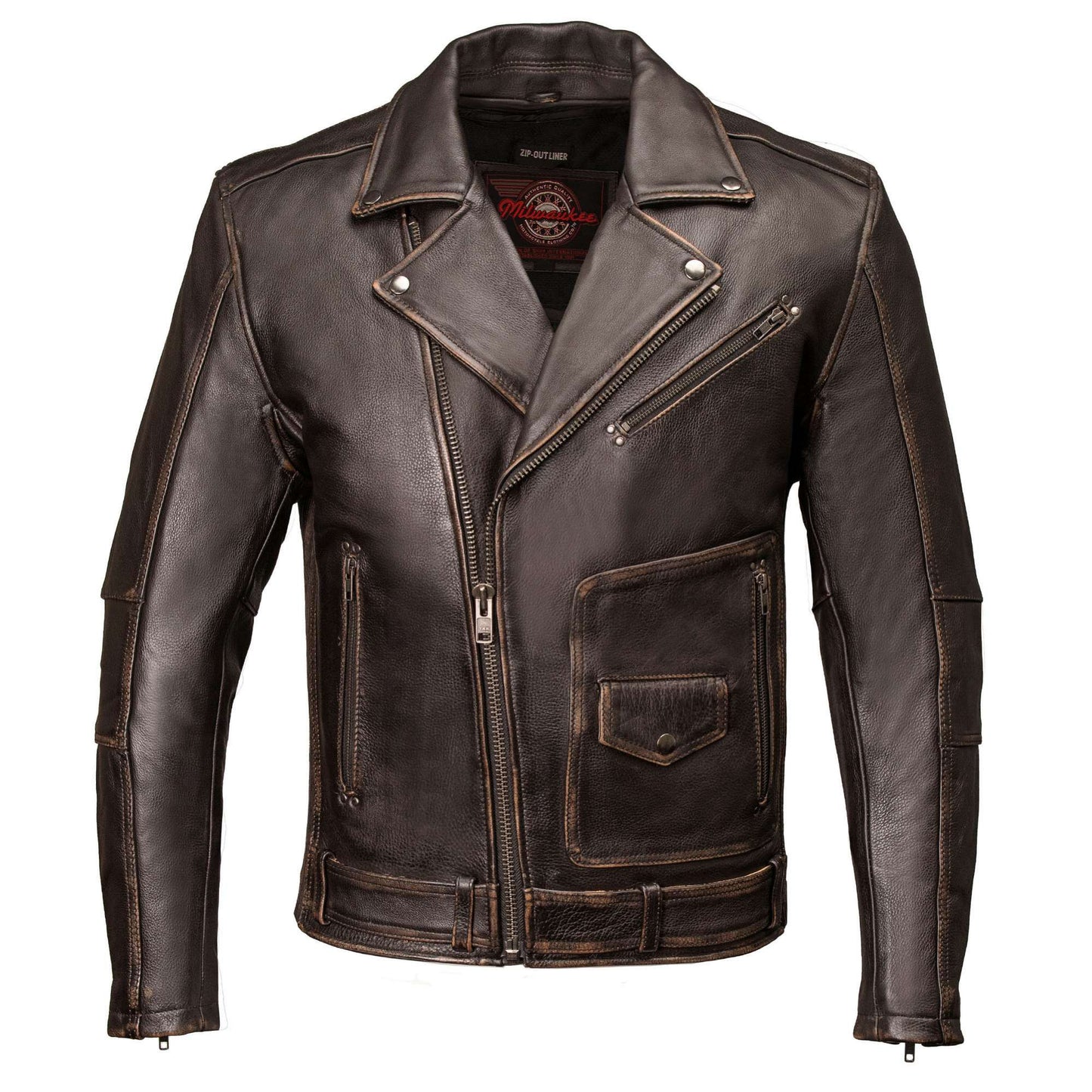 Milwaukee Motorcycle Clothing Co. Men's Unforgiven MC Style Vintage Brown Leather Jacket w/ Lapel Collar MMC10005