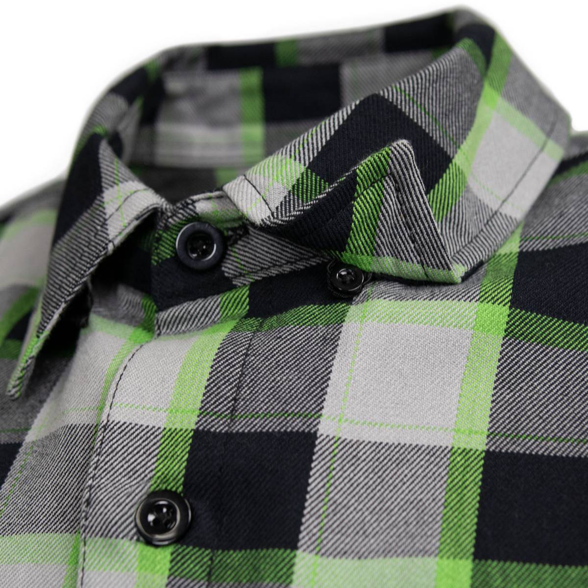 MMCC Radioactive Men's Black Gray Green Plaid Flannel Shirt - 100% Cotton Long Sleeve Button-Up - MMC11602
