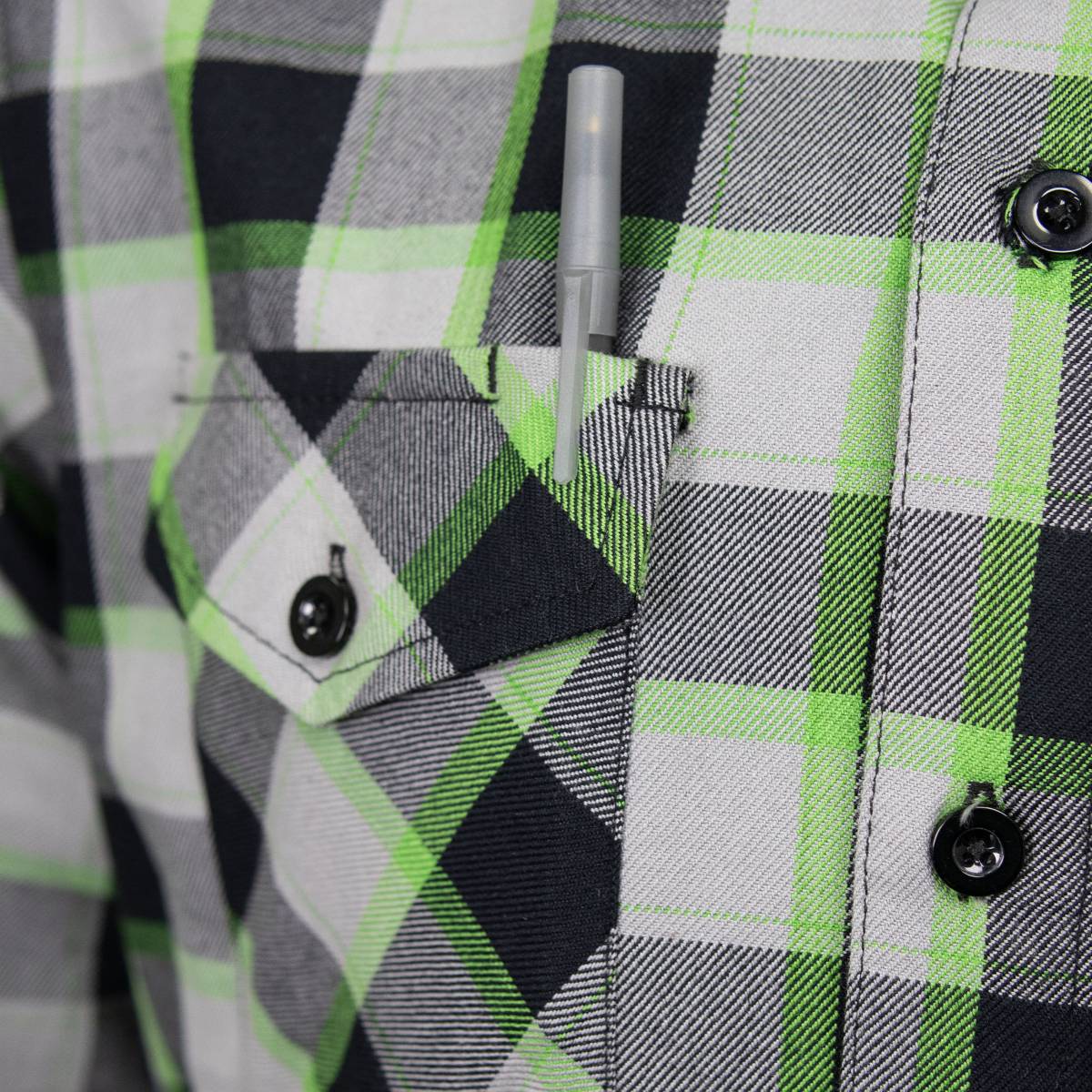 MMCC Radioactive Men's Black Gray Green Plaid Flannel Shirt - 100% Cotton Long Sleeve Button-Up - MMC11602