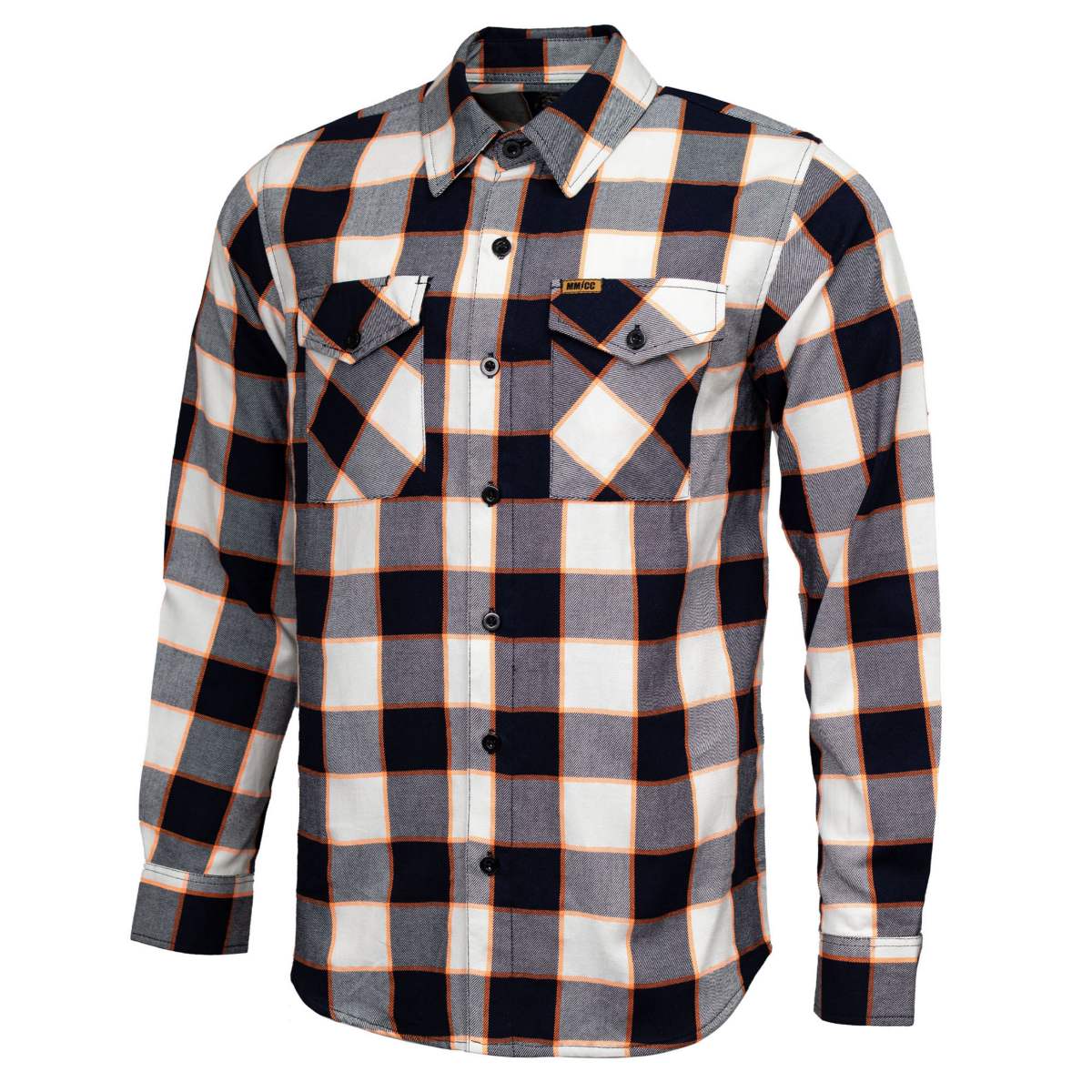 MMCC Men's Alpha Navy White Orange Plaid Flannel Shirt - 100% Cotton with Microfiber Wipe Panel - MMC11604