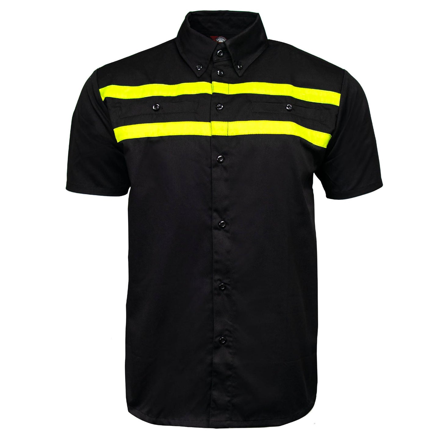 MMCC Men's Petrol Mechanic Button Up Shop Shirt, Reflective Strip, 2-Chest Pockets - Black-Neon Green - MMC16005