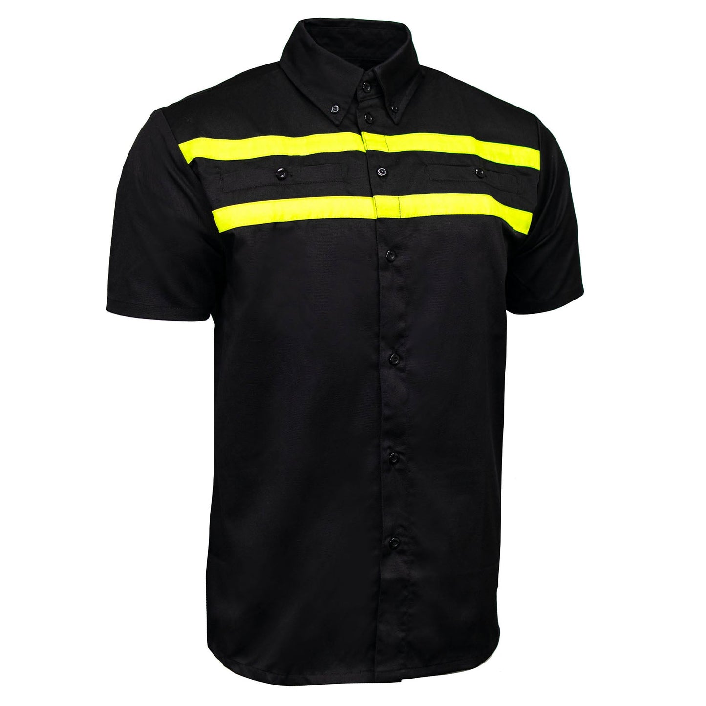 MMCC Men's Petrol Mechanic Button Up Shop Shirt, Reflective Strip, 2-Chest Pockets - Black-Neon Green - MMC16005