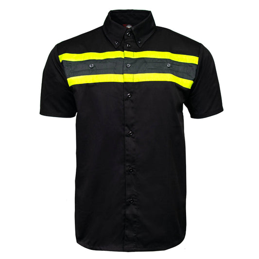 MMCC Men's Petro Mechanic Button Up Shop Shirt, Reflective Strip, 2-Chest Pockets - Black-Grey-Green - MMC16007