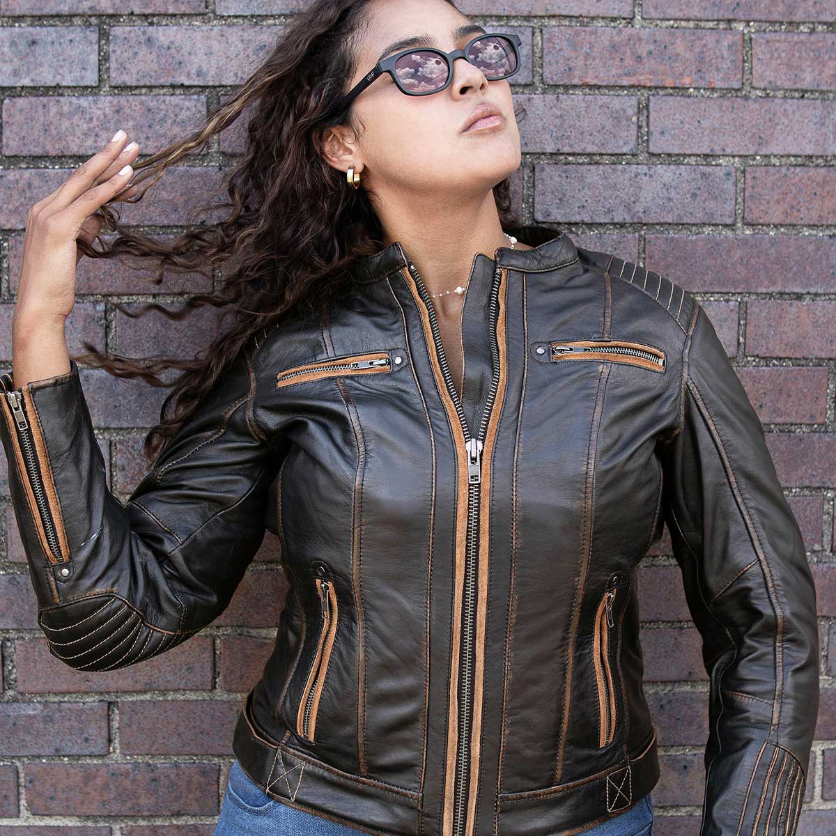 Milwaukee Motorcycle Clothing Co. Women’s Rebel Scooter Style Vinage Brown Leather Jacket w/ Mandarin Collar MMC20003