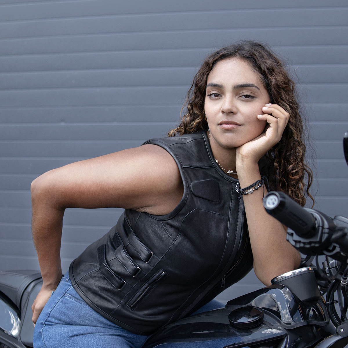 Milwaukee Motorcycle Clothing Co. Women's Gixxer Black Premium Leather Vest w/ Round Neck Side Buckle MMC40003