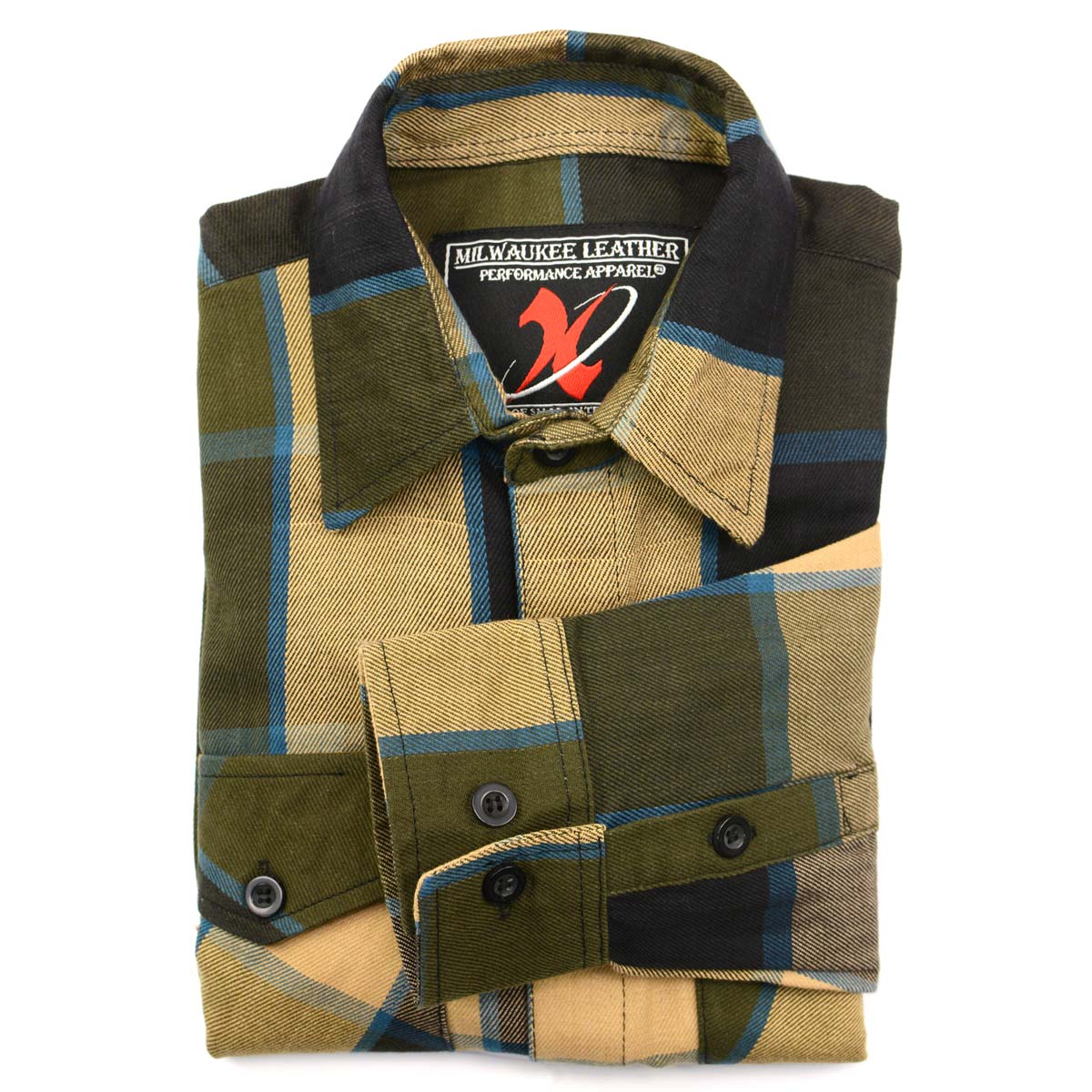 Milwaukee Leather Men's Flannel Plaid Shirt Beige with Black and Blue Long Sleeve Cotton Button Down Shirt MNG11639