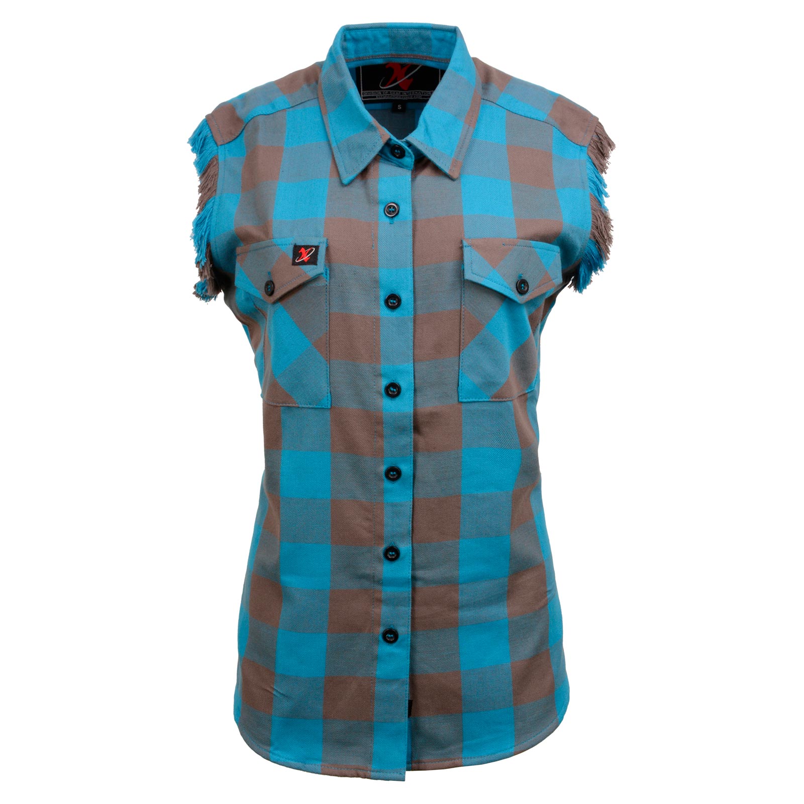 Milwaukee Leather MNG21623 Women's Flannel Brown/Aqua Button Down Sleeveless Cut Off Shirt w/ Frill Arm