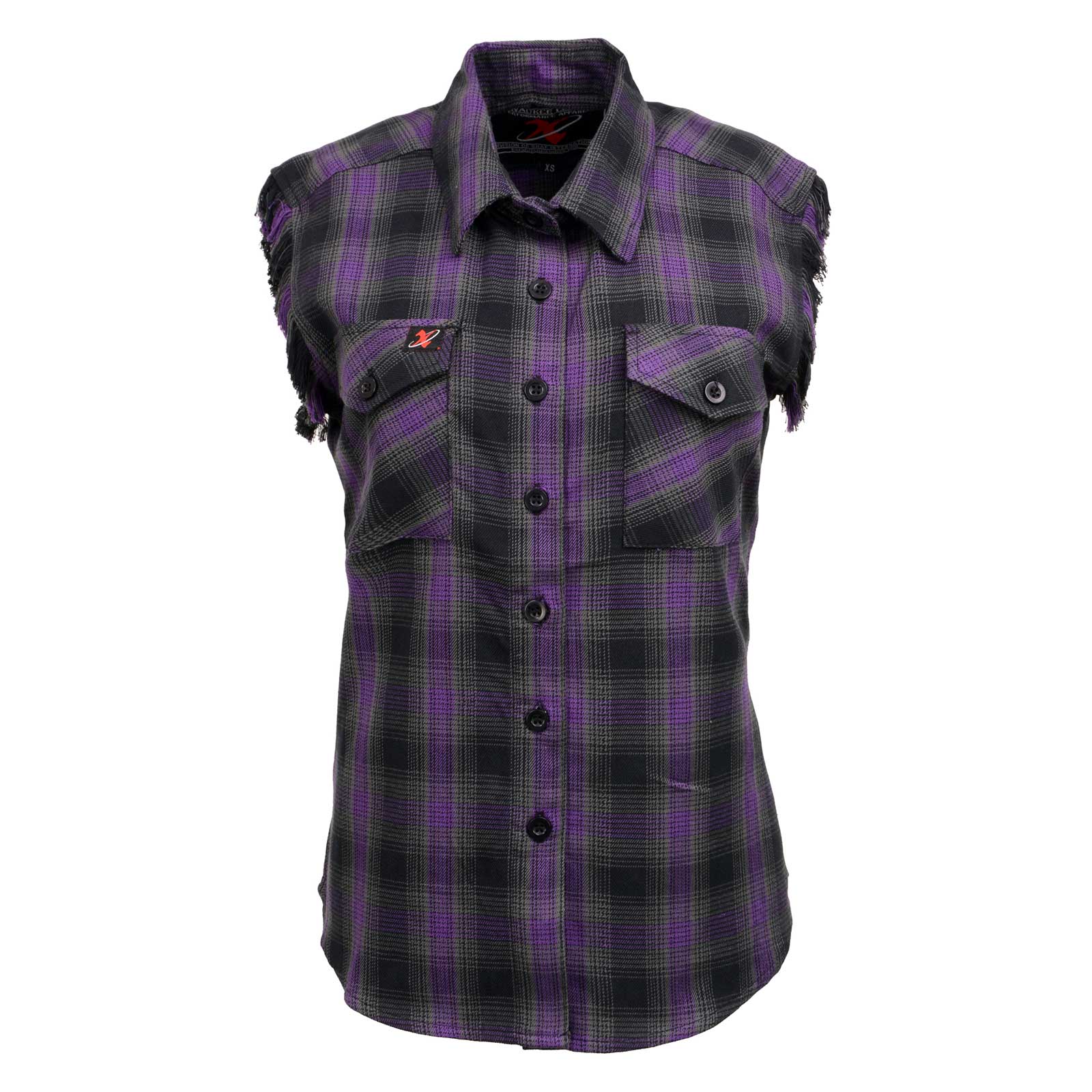 Milwaukee Leather MNG21624 Women's Flannel Black/Purple Button Down Sleeveless Cut Off Shirt w/ Frill Arm