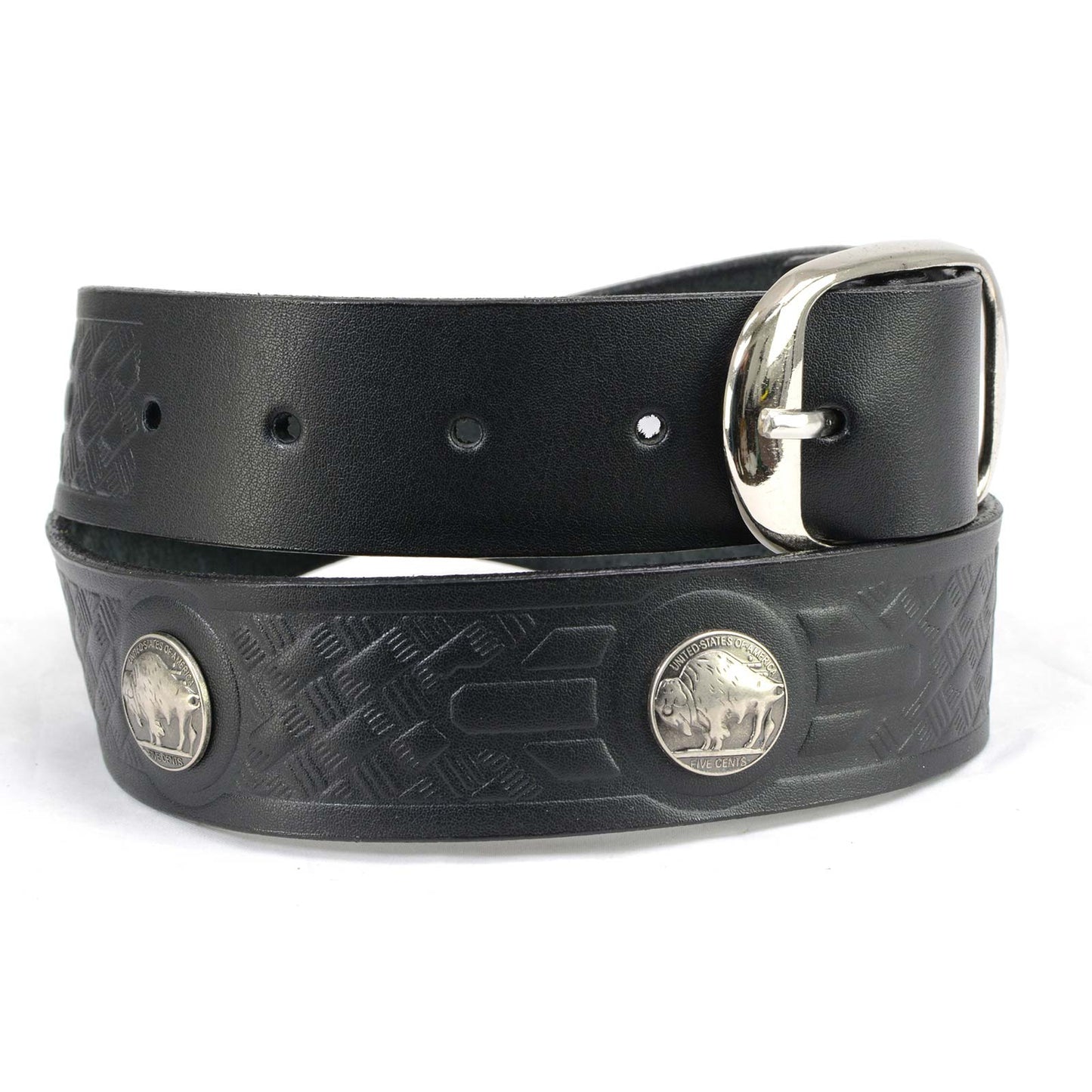 Milwaukee Leather MP7123 Men's Cross Hatch & 5 Cent Buffalo-Black Genuine Leather Belt w/ Interchangeable Buckle-1.5 In Wide