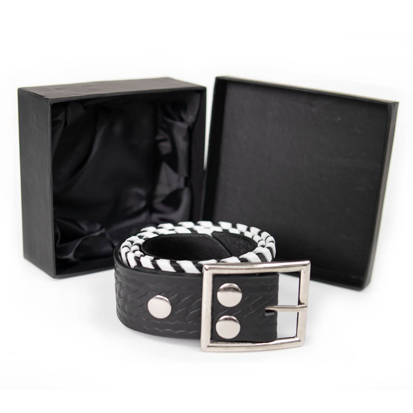 Milwaukee Leather Men's Black White Stitch Leather Belt w/ Interchangeable Buckle - 1.5 inches Wide - MP7129
