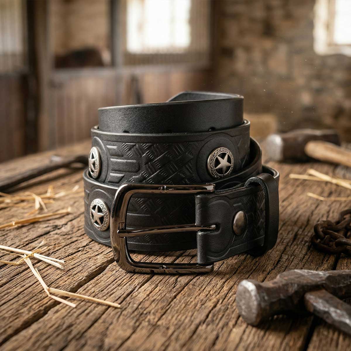 Milwaukee Leather Men's Frontier Star Black Leather Belt with Western Star Emblems  - 1.5 Inch Biker Belt - MP7135