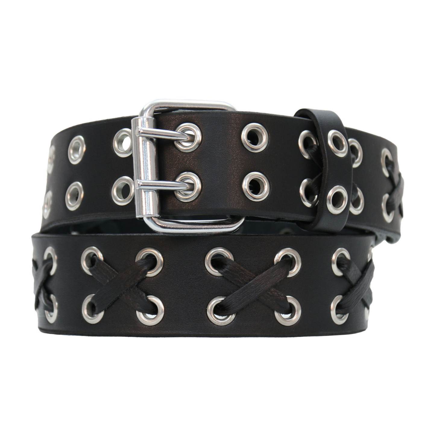 Milwaukee Leather Men's Black Double-Prong Grommet Leather Belt with Interchangeable Buckle - MP7137