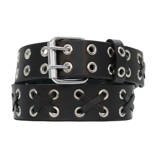 Milwaukee Leather Men's Black Double-Prong Grommet Leather Belt with Interchangeable Buckle - MP7137