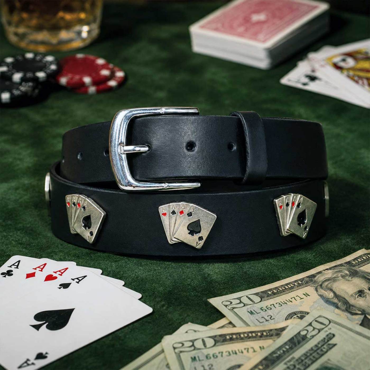 Milwaukee Leather Men's Black Playing Card Emblem Leather Belt with Interchangeable Buckle - MP7139