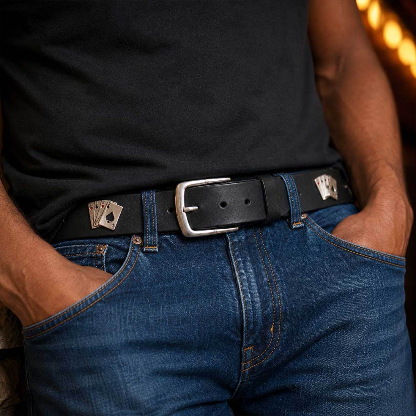 Milwaukee Leather Men's Black Playing Card Emblem Leather Belt with Interchangeable Buckle - MP7139