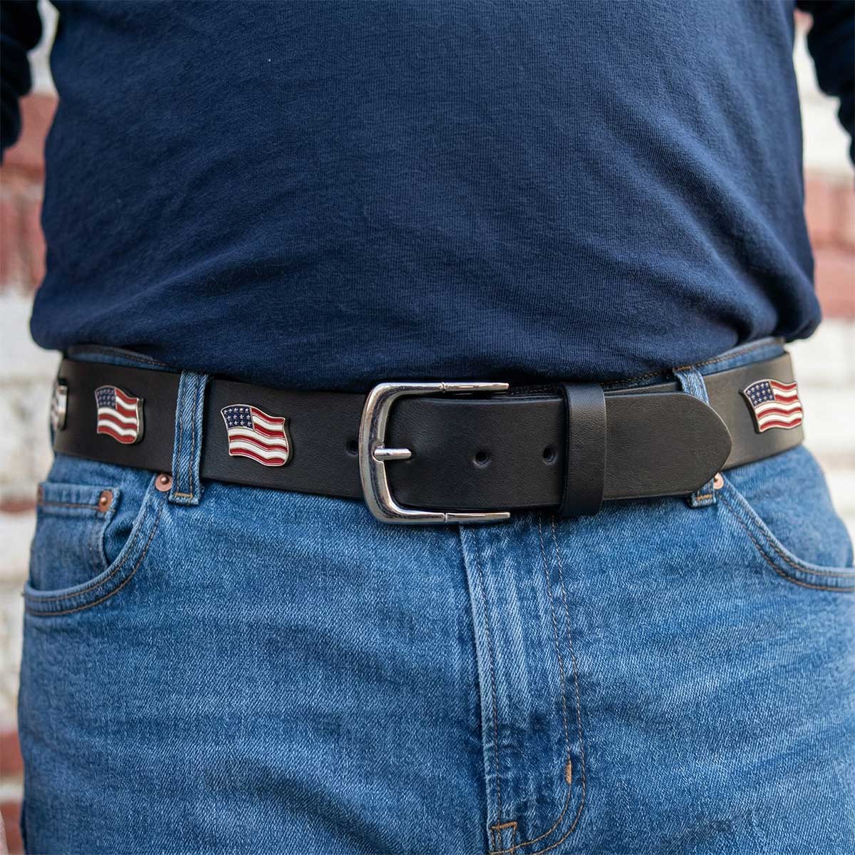 Milwaukee Leather Men's Freedom Line Black Leather Belt with USA Flag Emblems - 1.5 Inch - MPM7140