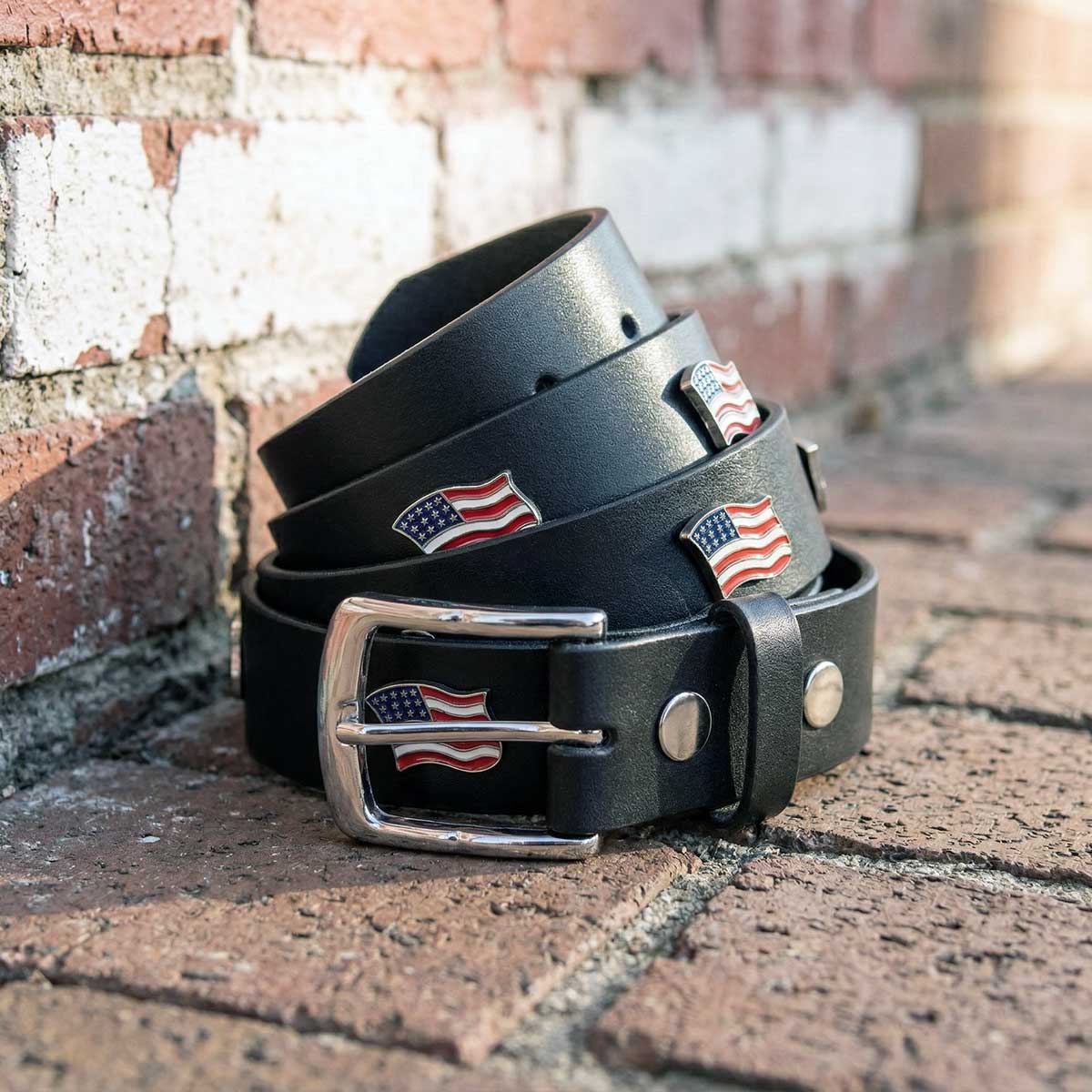 Milwaukee Leather Men's Freedom Line Black Leather Belt with USA Flag Emblems - 1.5 Inch - MPM7140