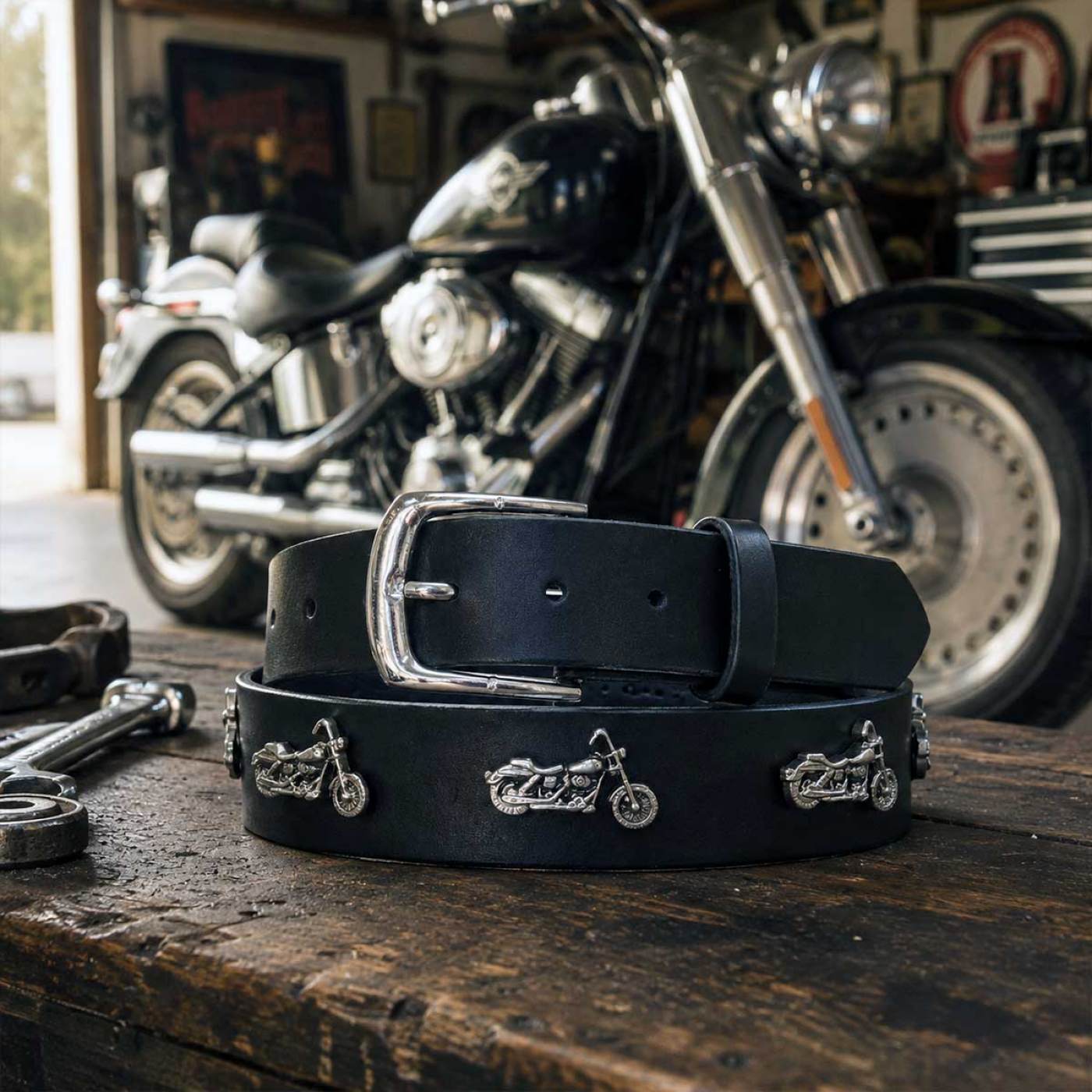 Milwaukee Leather Men's Black Motorcycle Emblem Leather Belt with Interchangeable Buckle - MP7143