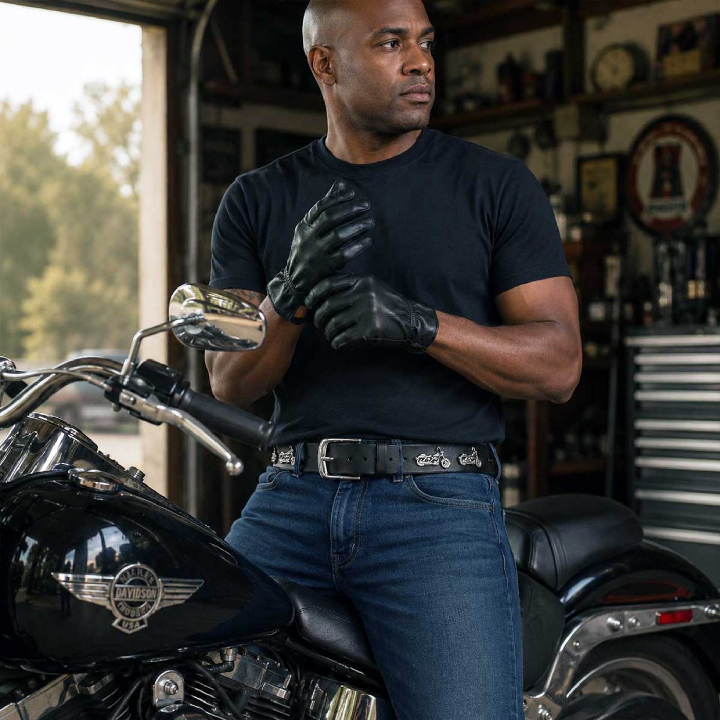 Milwaukee Leather Men's Black Motorcycle Emblem Leather Belt with Interchangeable Buckle - MP7143