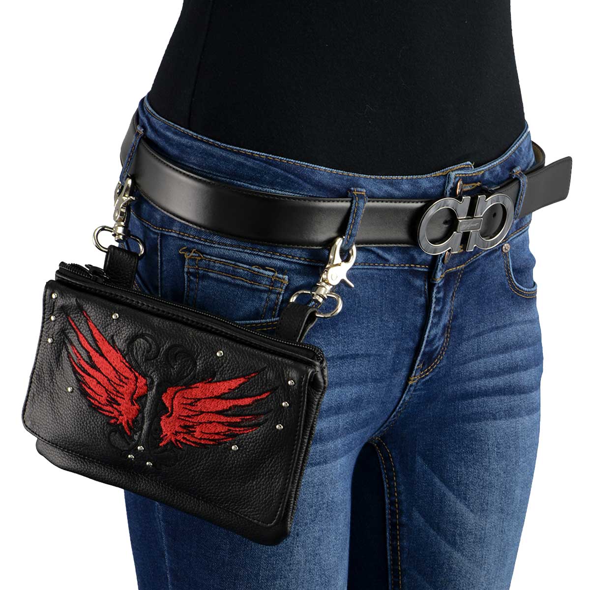 Milwaukee Leather MP8850 Ladies 'Winged' Leather Black and Red Multi Pocket Belt Bag