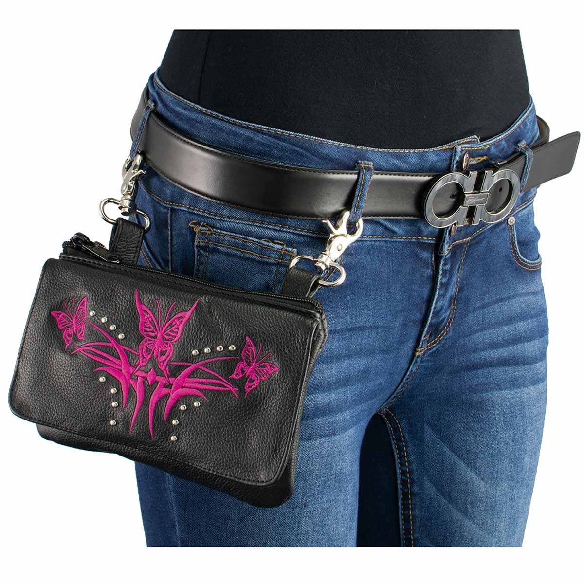 Milwaukee Leather MP8851 Women's Black and Pink Leather Multi Pocket Belt Bag