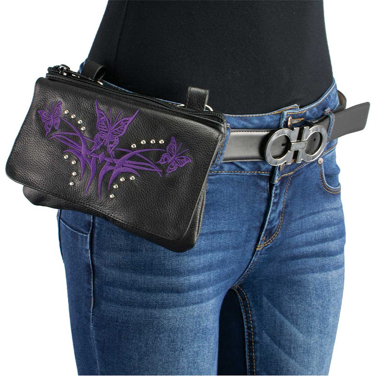 Milwaukee Leather MP8851 Women's Black and Purple Leather Multi Pocket Belt Bag