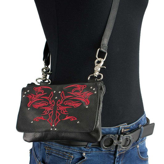 Milwaukee Leather MP8852 Women's Black and Red Leather Multi Pocket Belt Bag