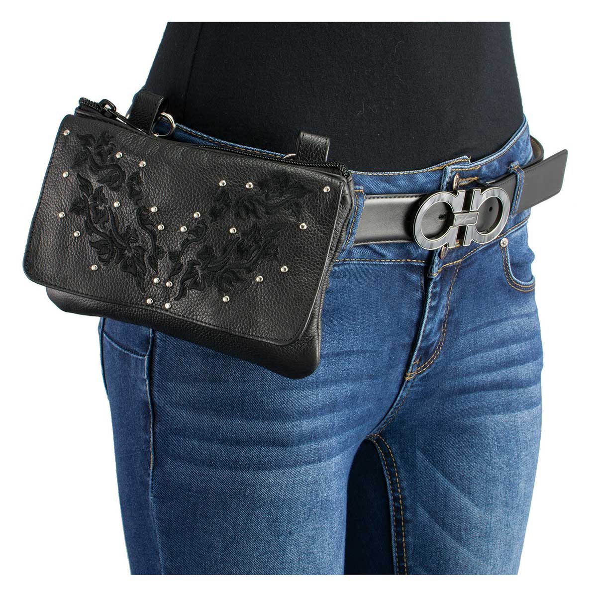 Milwaukee Leather MP8853 Women's 'Flower' Black Leather Multi Pocket Belt Bag