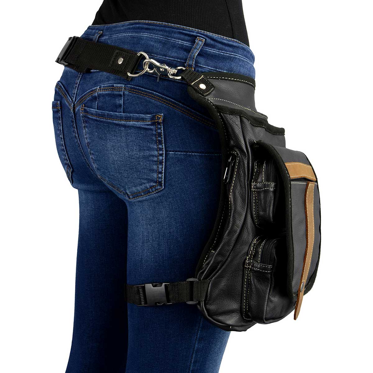 Milwaukee Leather MP8897 Black and Tan Conceal and Carry Leather Thigh Bag with Waist Belt