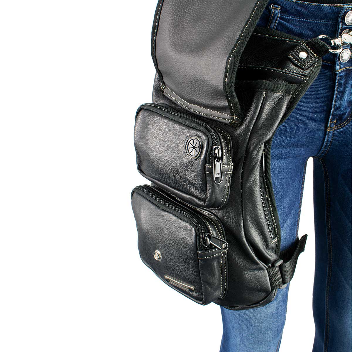 Milwaukee Leather MP8897 Black and Tan Conceal and Carry Leather Thigh Bag with Waist Belt