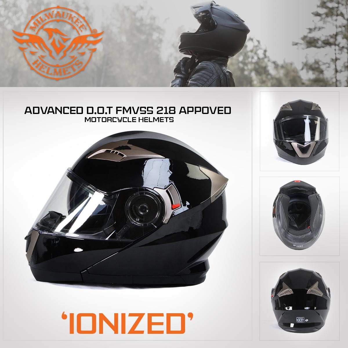 full face motorcycle helmets heated Milwaukee Helmets MPH9806DOT 'Ionized' Gloss Black Modular Helmet for – Extreme Biker Leather