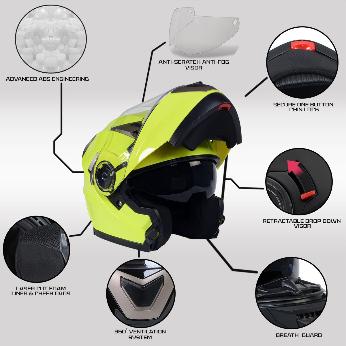 Milwaukee Helmets MPH9809DOT 'Ionized' Neon Yellow Advanced Motorcycle Modular Helmet for Men and Women Biker w/ Drop Down Visor