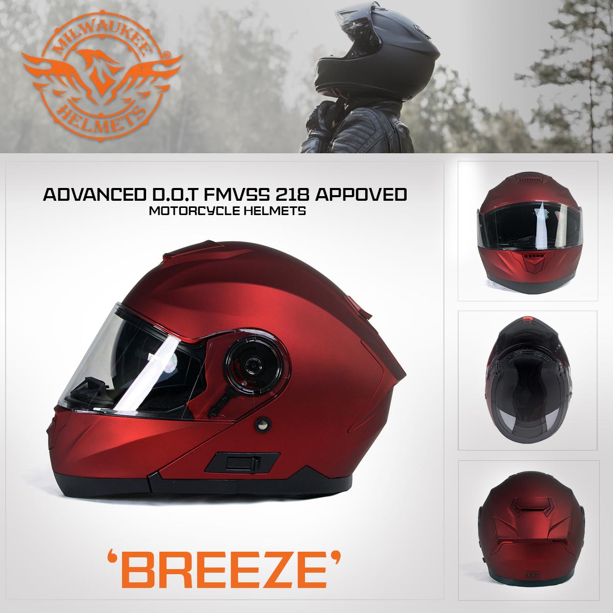 Milwaukee Helmets MPH9817DOT Breeze Red Advanced Motorcycle Modular Helmet Biker w/ Drop Down Visor