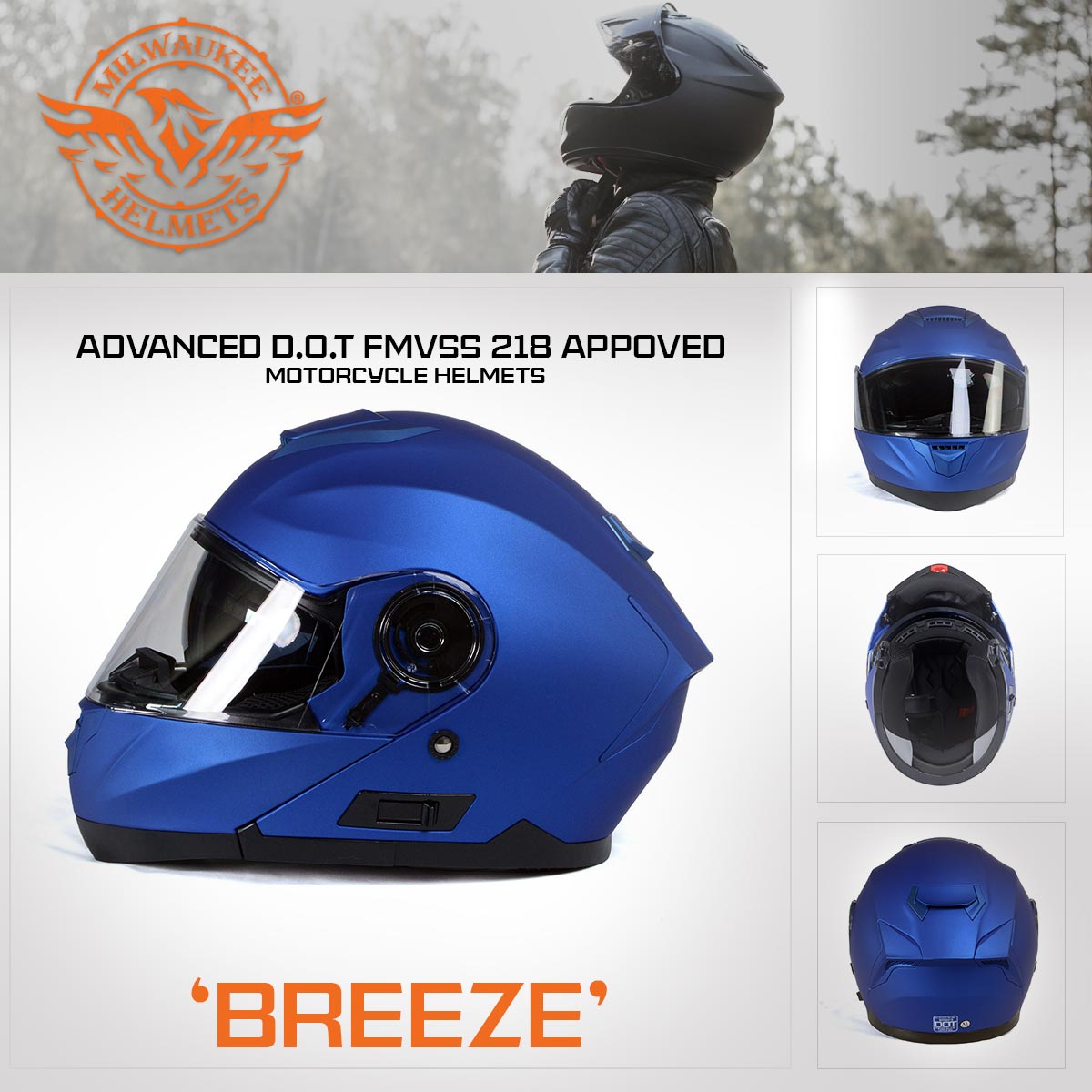 Milwaukee Helmets MPH9818DOT 'Breeze' Blue Advanced Motorcycle Modular Helmet for Men and Women Biker w/ Drop Down Visor