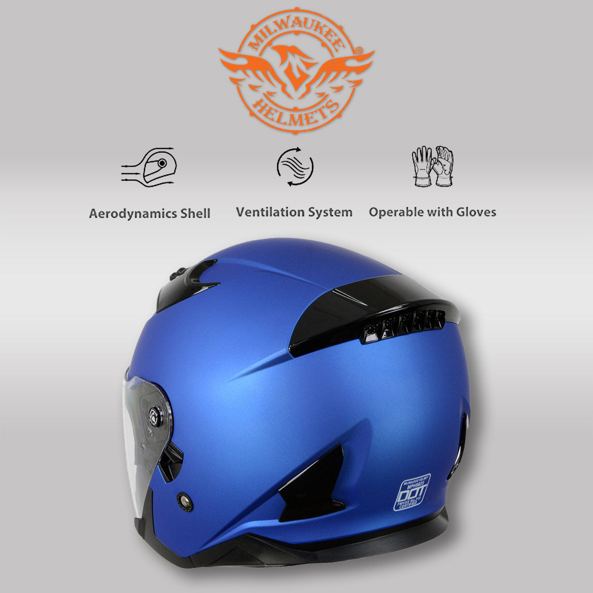 Milwaukee Helmets MPH9825DOT 'Shift' Open Face 3/4 Blue Helmet for Men and Women Biker with Drop Down Tinted Visor Large
