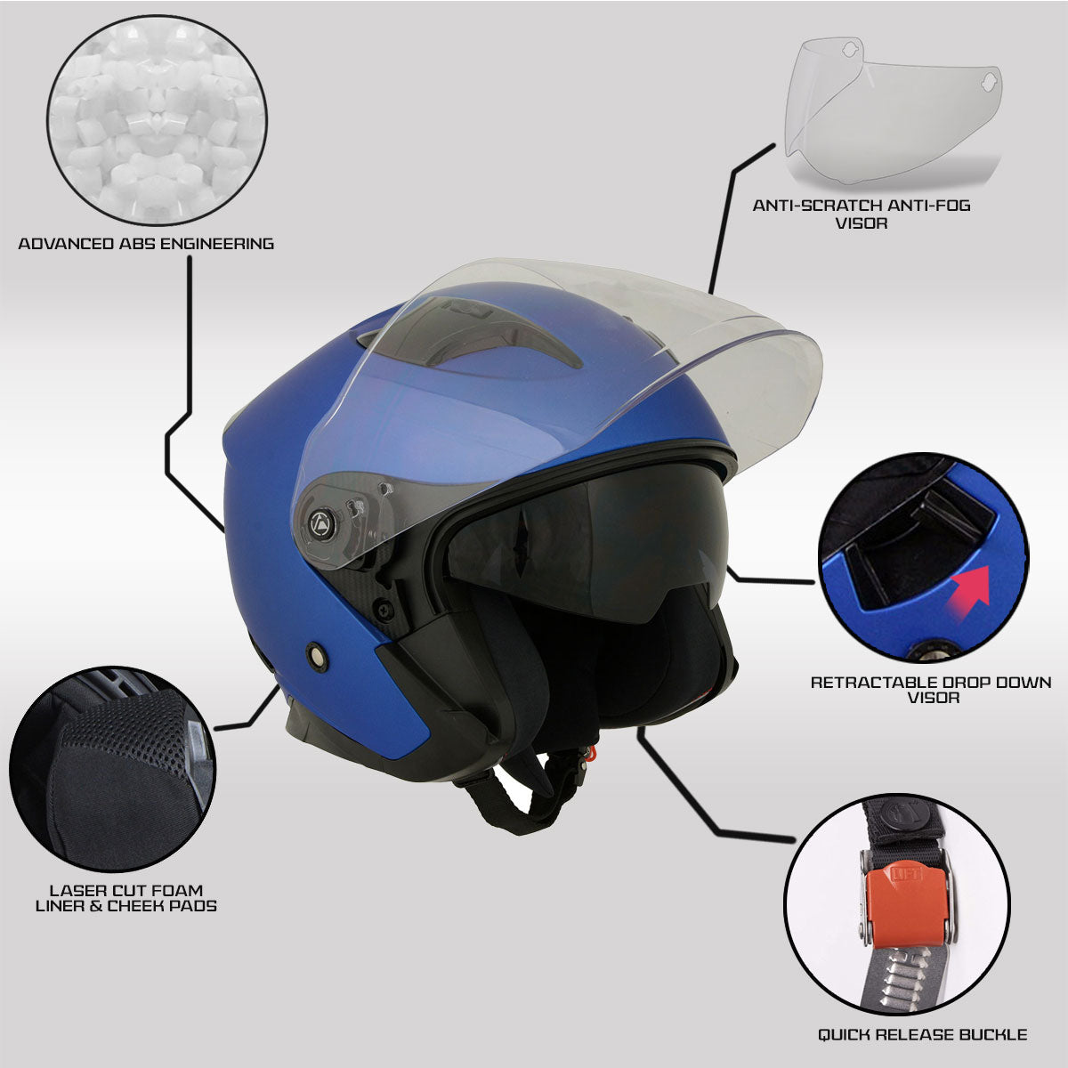Milwaukee Helmets MPH9825DOT 'Shift' Open Face 3/4 Blue Helmet for Men and Women Biker with Drop Down Tinted Visor Large