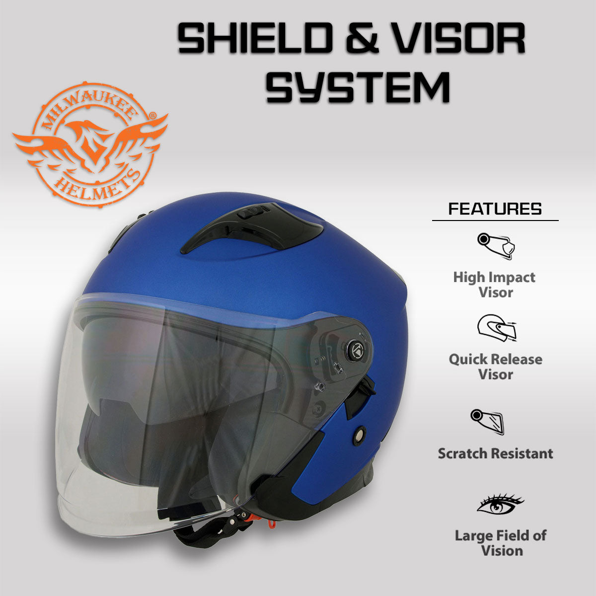 Milwaukee Helmets MPH9825DOT 'Shift' Open Face 3/4 Blue Helmet for Men and Women Biker with Drop Down Tinted Visor Large