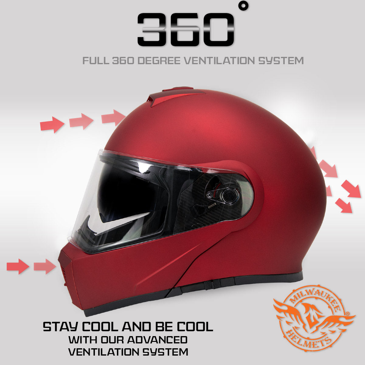 Milwaukee Helmets MPH9827DOT 'Cypher' Flat Red Advanced Motorcycle Modular Helmet w/ Drop Down Visor