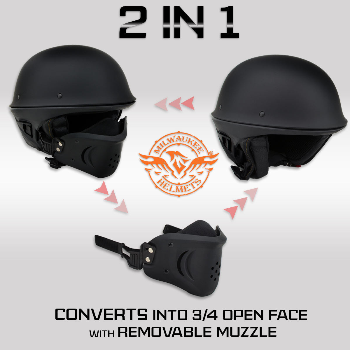 Milwaukee Helmets MPH9830DOT Rascal 3/4 Open Face Flat Black 2 in 1 Motorcycle Helmet Biker