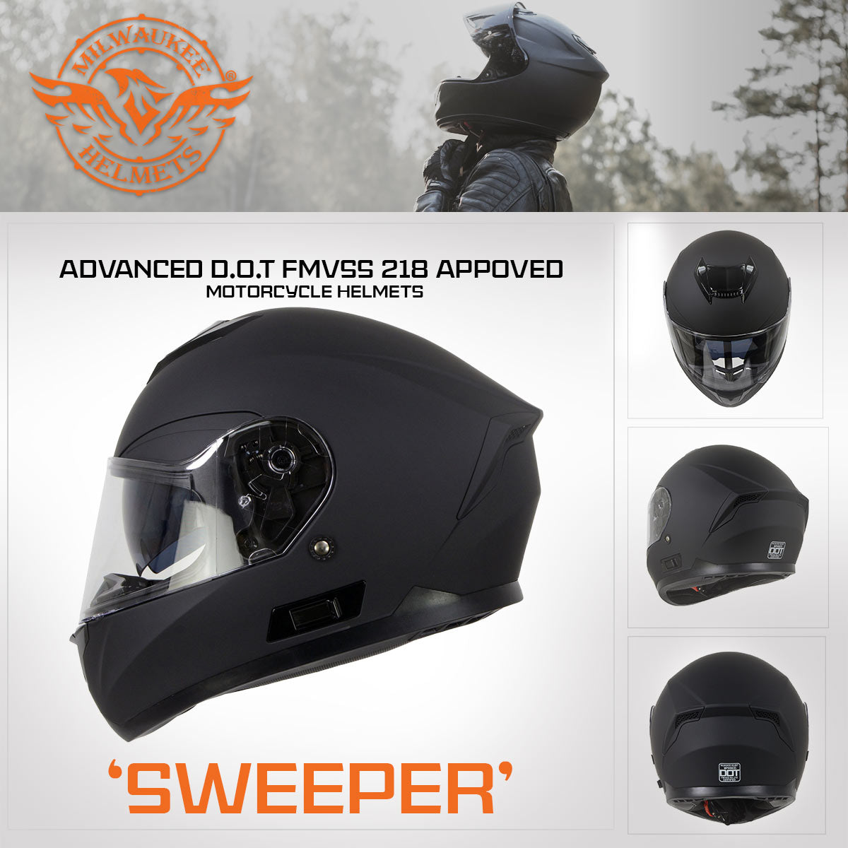 flat face motorcycle helmet Milwaukee Helmets MPH9835DOT Sweeper Flat Black Advanced Motorcycle Full Face Helmet Biker w/ Drop Down Visor