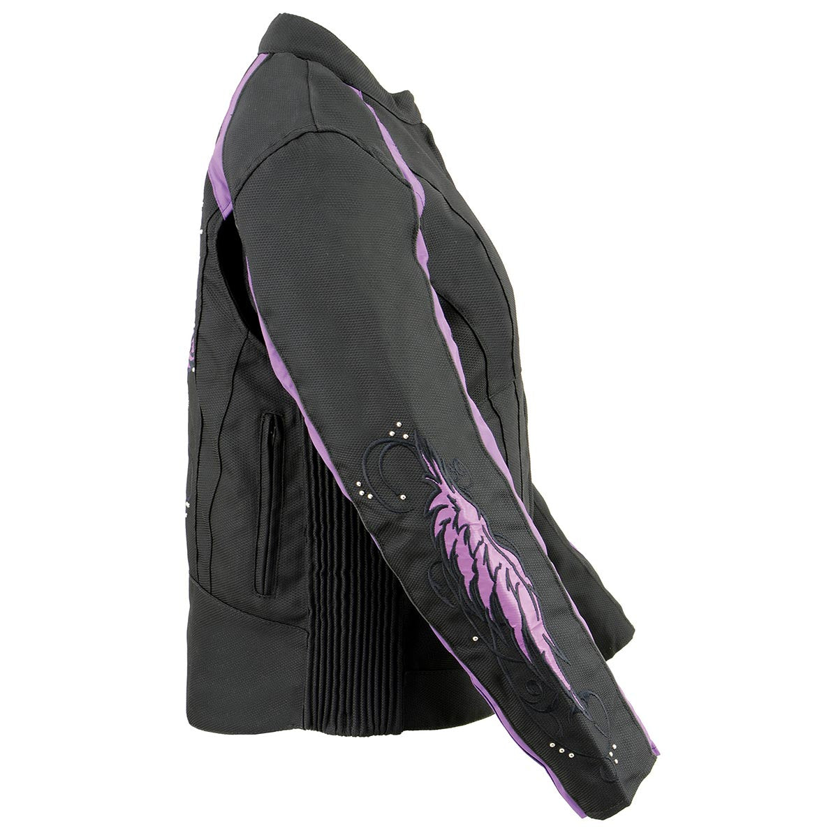 Milwaukee Leather SH1954 Women's Black and Purple Textile Jacket with Stud and Wings Detailing