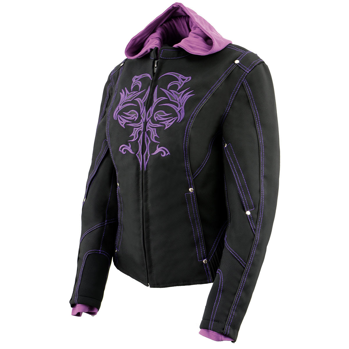 Milwaukee Leather MPL1967 Women's 3/4 Hooded Black and Purple Textile Jacket with Reflective Tribal Detail