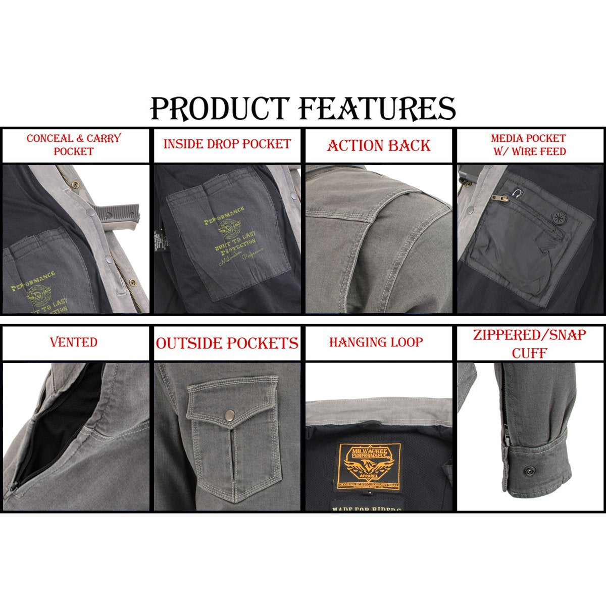 Milwaukee Leather MPM1621 Men's Grey CE Armored Long Sleeve Motorcycle Riders Shirt w/ Reinforced w/ Aramid Fibers