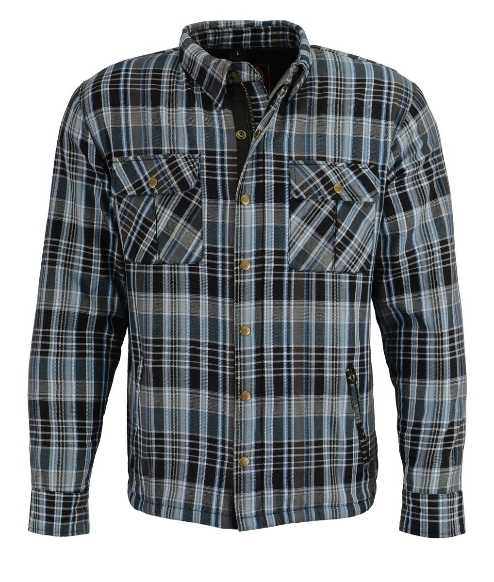Milwaukee Leather MPM1636 Men's Long Sleeve Flannel Biker Shirt w/ CE Approved Armor - Reinforced w/ Aramid Fiber