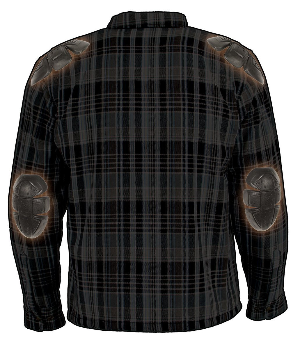Milwaukee Leather MPM1636 Men's Long Sleeve Flannel Biker Shirt w/ CE Approved Armor - Reinforced w/ Aramid Fiber