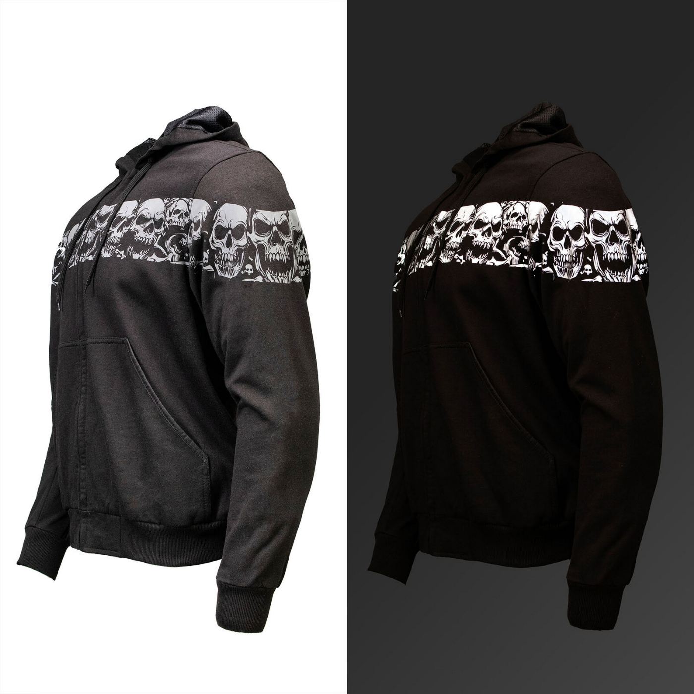 MMCC Men’s Bare Bones Hoodie – Reflective Skull Graphics Front & Back, Full Zip, 100 % Cotton - MPM1681