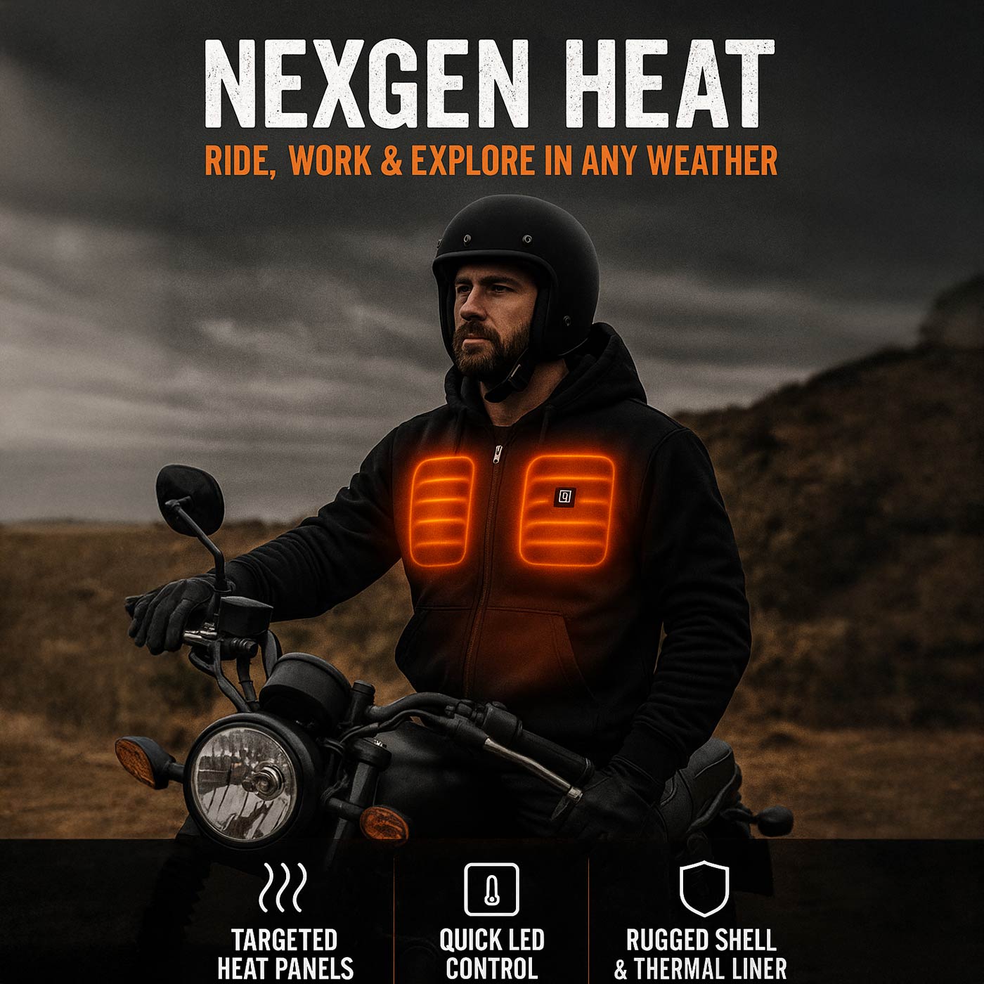 Nexgen Heat Men’s Grey Heated Hoodie Jacket – Winter Motorcycle Riding Gear for Cold Outdoors MPM1713SET
